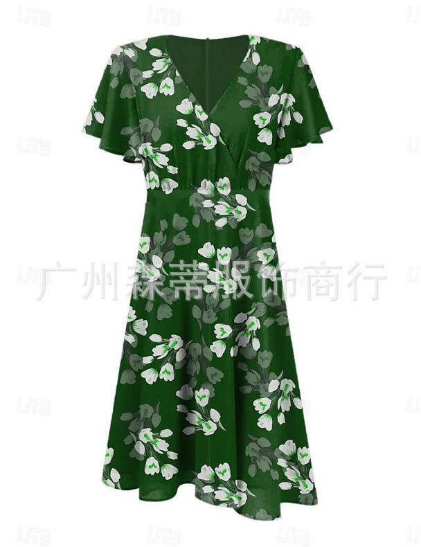 Summer Sweet Wind Ruffled V-neck Printed Waist-controlled Dress