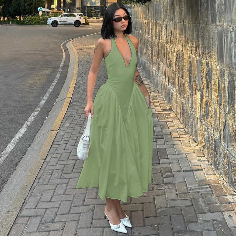 Halter Elegant Large Swing Skirt Dress Women's Clothing
