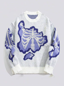 Personality Street Trend Dark Style Skeleton Jacquard Round Neck Pullover Knitted Sweater