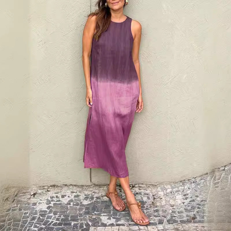 Summer Fashion Round Neck Sleeveless Color Matching Tencel Dress