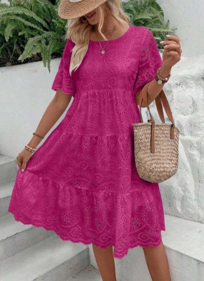 Casual Women's Embroidered Hollow Short Sleeve Round Neck Ruffle Sleeve Waist Dress