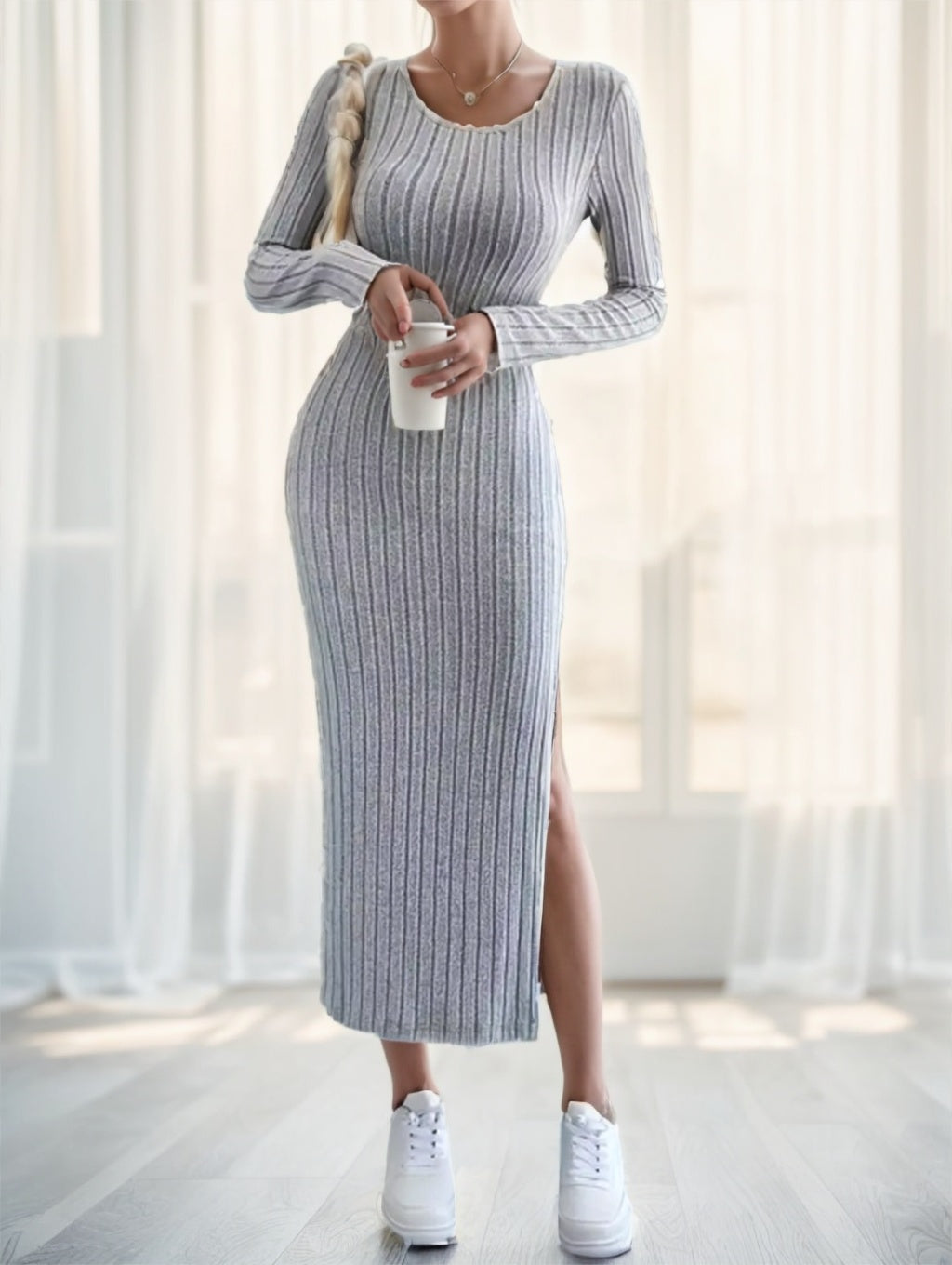 A Solid-color Long-sleeved Dress For Ladies