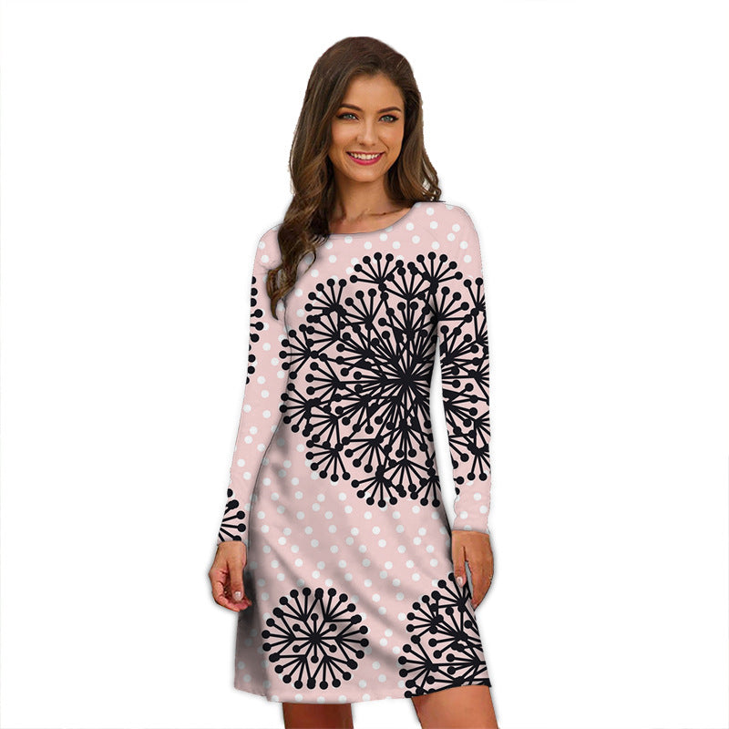 Round Neck Printed Temperament Slimming Small Long Sleeve Dress