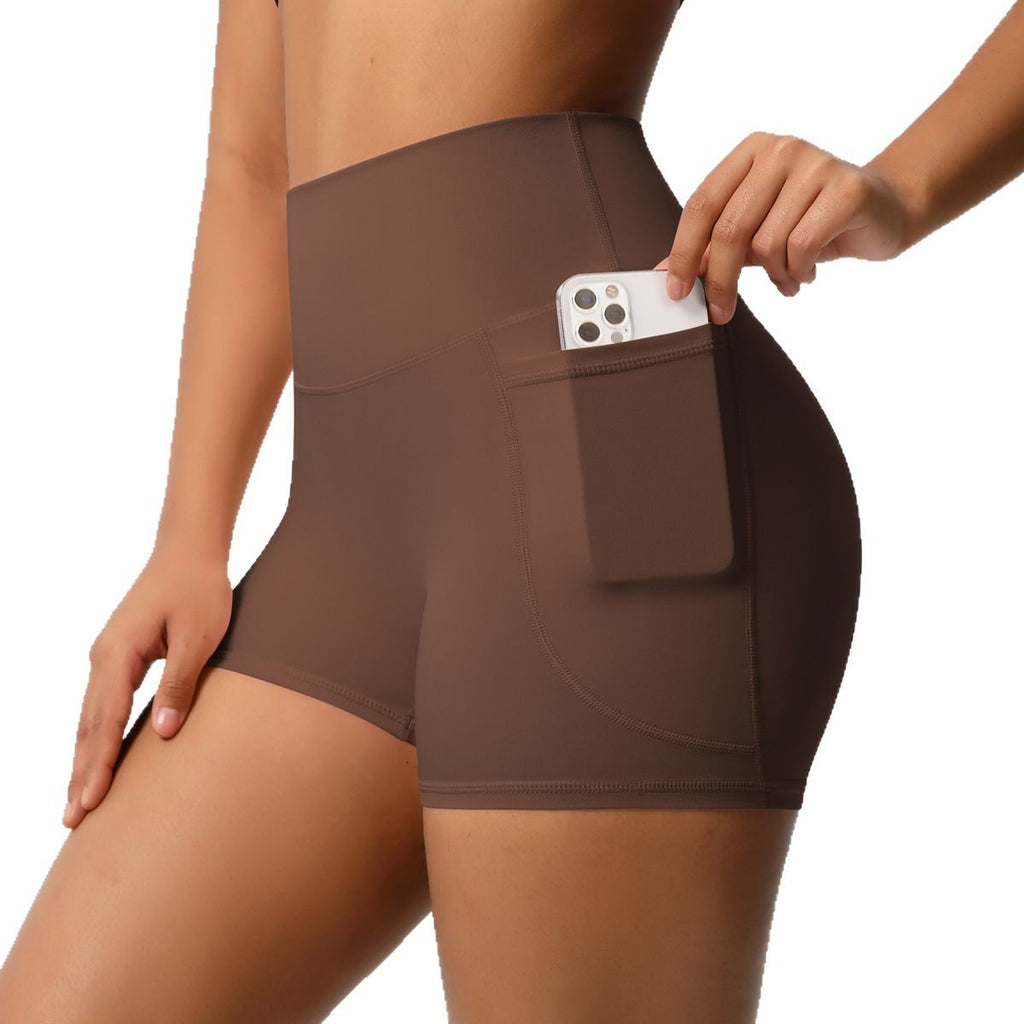 Brushed Solid Color Pocket High Waist Tight High Elastic Yoga Shorts