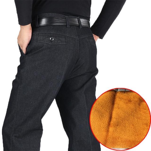 Men's stretch high waist thickened plus fleece jeans