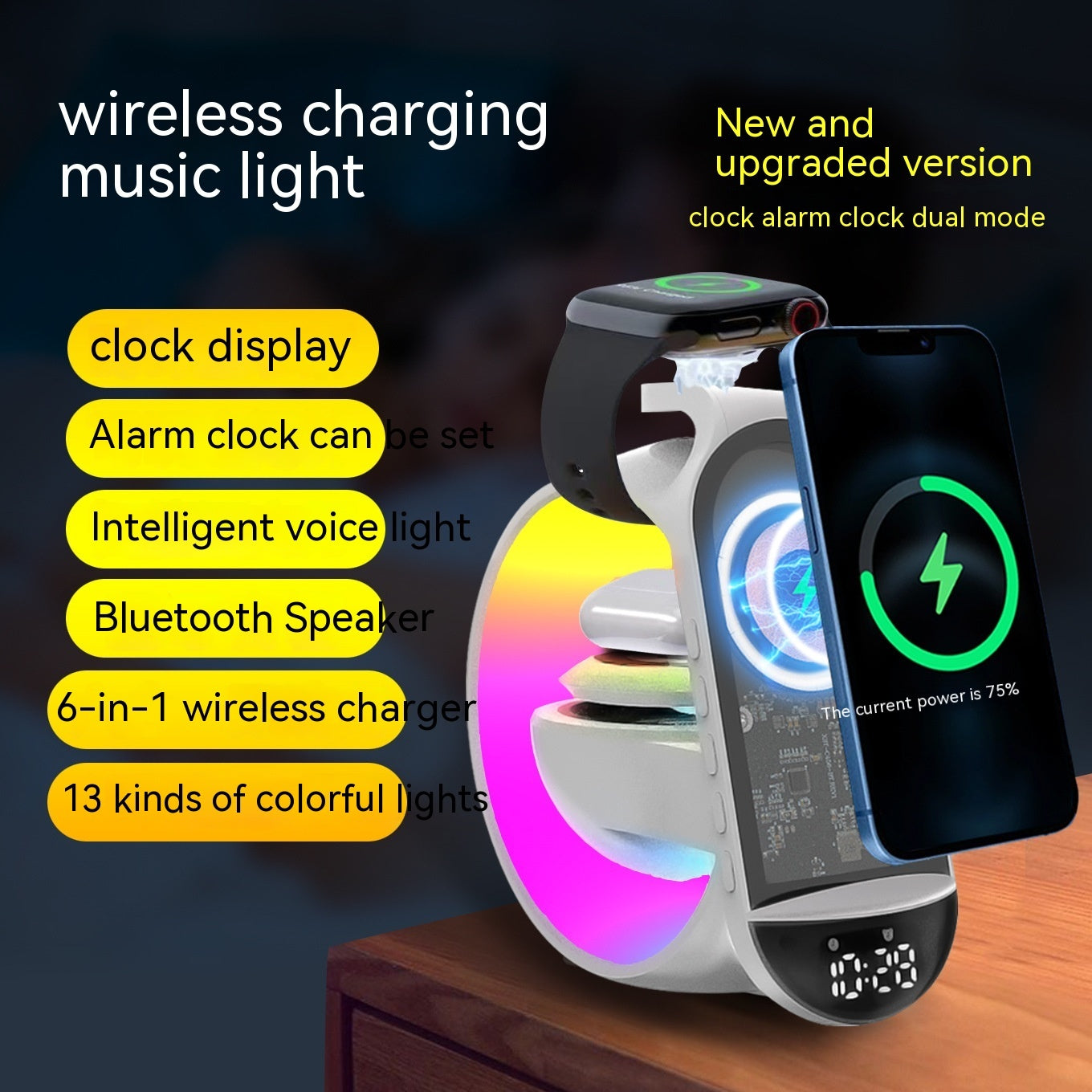 Bluetooth Speaker with Wireless Charger and Alarm Clock