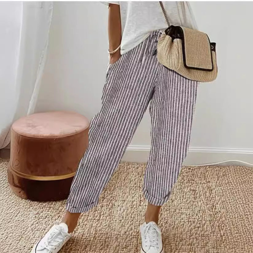 Summer Stripes Casual Pants Loose Elastic Waist Women