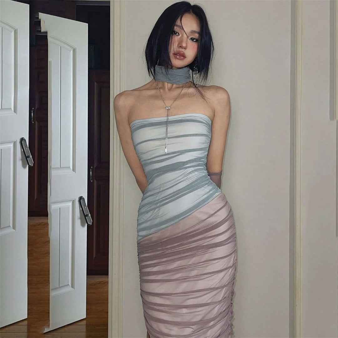 French Contrast Color Mesh Stitching Dress