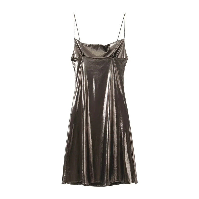European And American Fashion Low Collar Backless Metallic Sling Dress