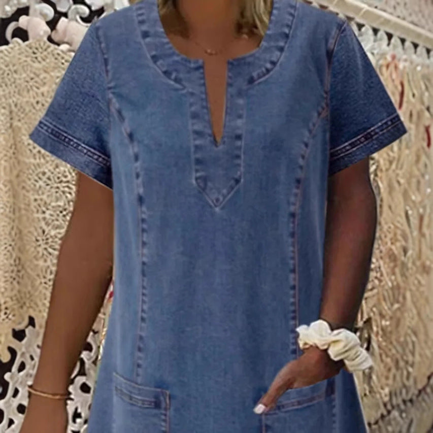 Women's V-neck Pleated Short-sleeved Dress