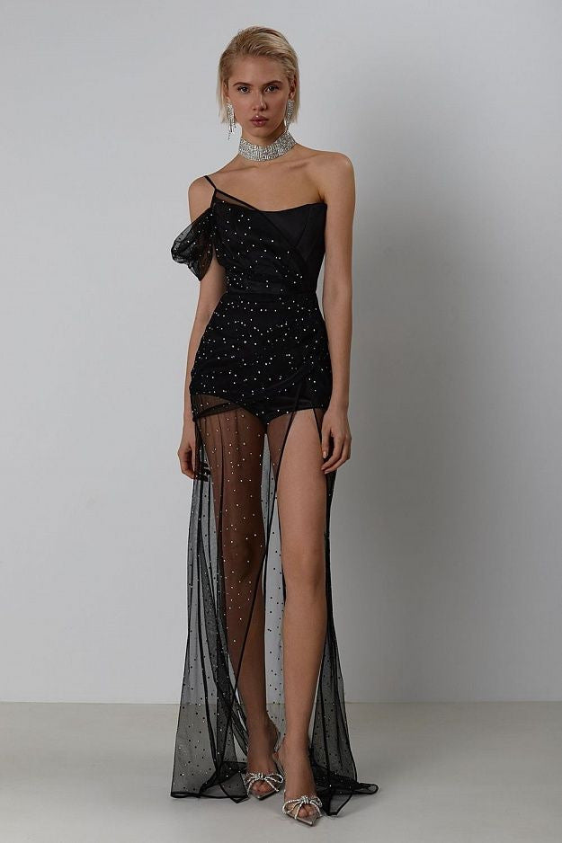 Fashionable Slimming Sling Backless Black Sleeveless Sheath Split Mid-length Mesh Dress