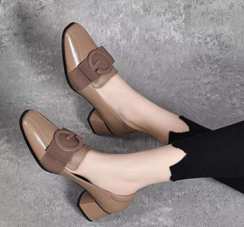 Middle Heel Chunky Heel Soft Leather British Style Square Toe Leather Shoes