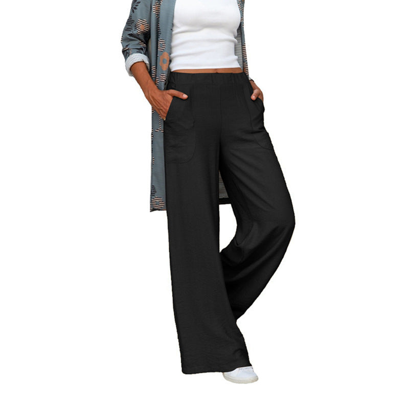 Pure Color Elastic Waist Loose Wide Leg Draping Casual Pants