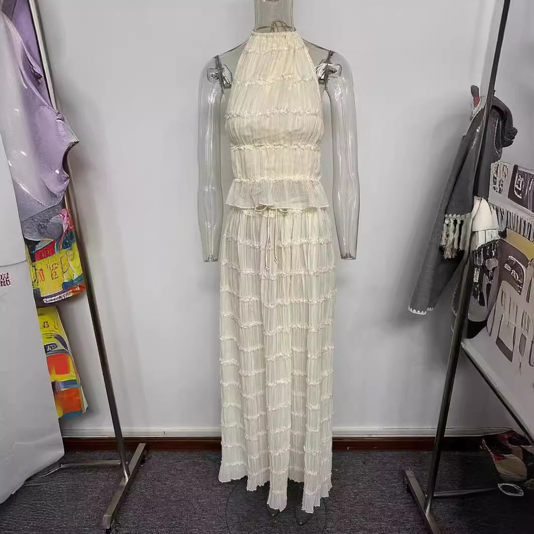 Summer New Backless Halter Strap Drawstring Chiffon Pleated Dress Two-piece Set