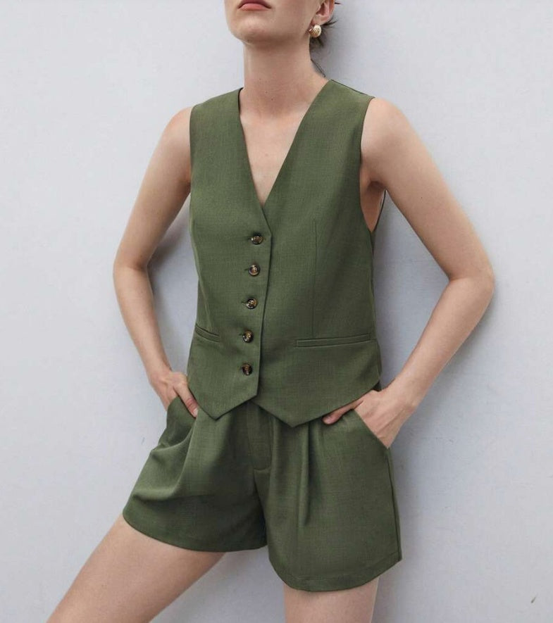 Casual Women's Solid Color Vest Jacket Set