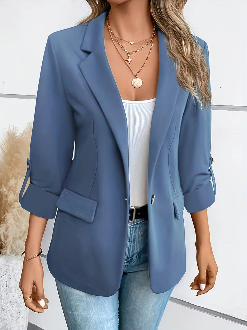 Casual Button Suit Slim-fit Cropped Roll-up Sleeve Suit Jacket For Women