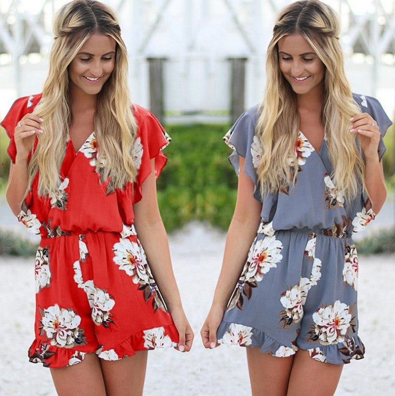 Printed V-neck Ruffled Women's Wide Leg One-piece Shorts