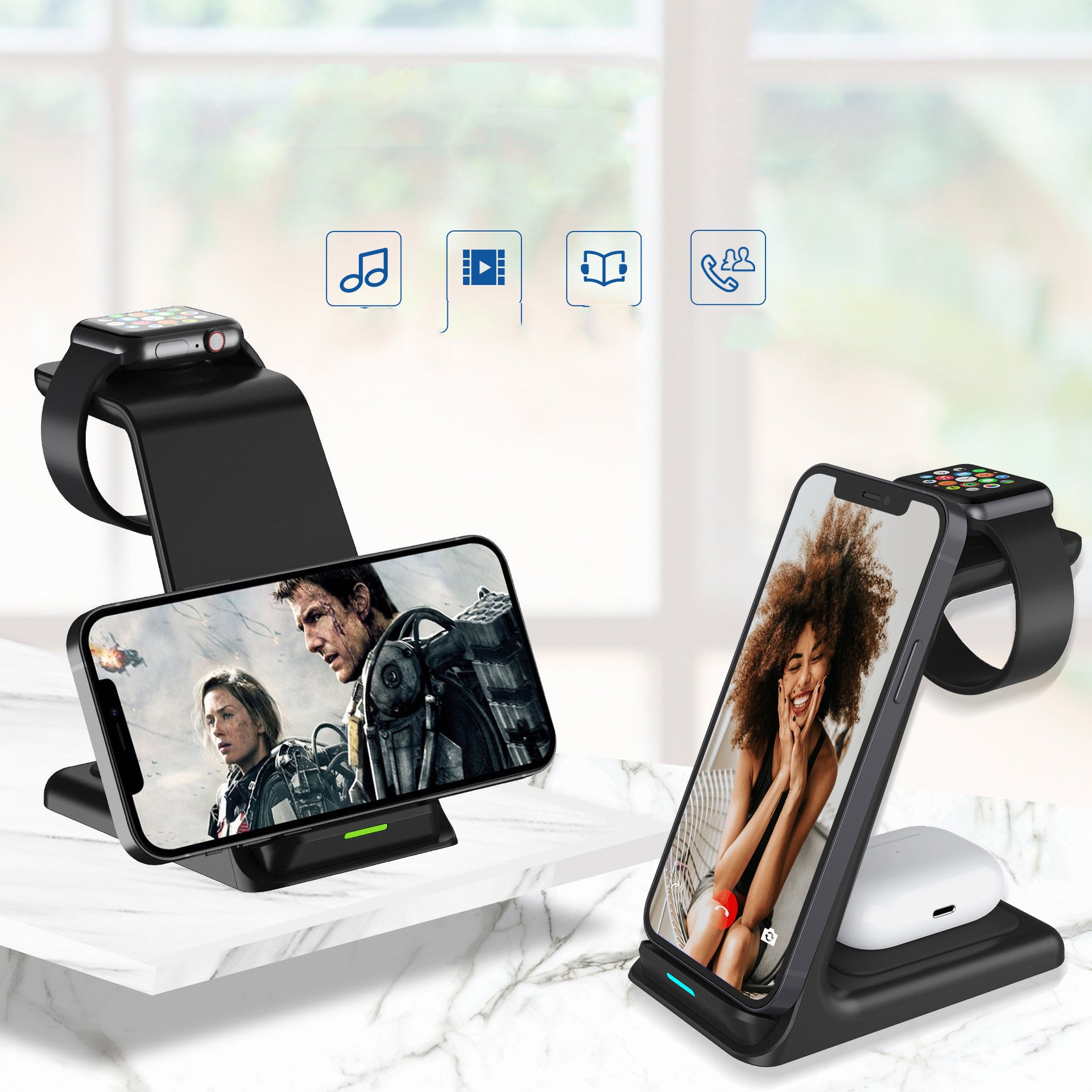 Vertical Three-in-one Wireless Charger 15W Fast Charging Dual-coil Desktop Stand