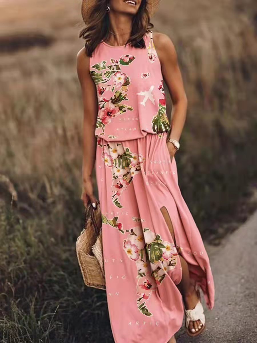Sleeveless Printed Sling Long Women's Loose Split Dress