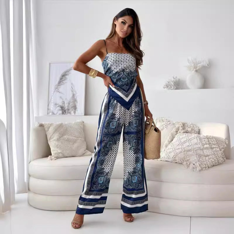 Printing Spaghetti Straps Chest Wrap Positioning Colorful Pants Suit Two-piece Set