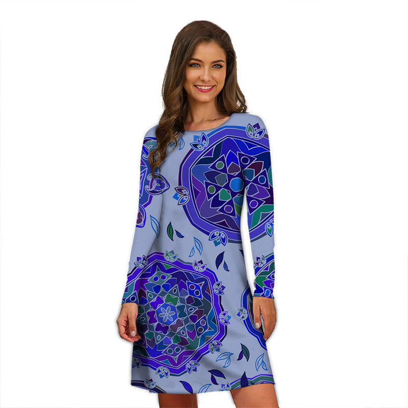 Round Neck Printed Temperament Slimming Small Long Sleeve Dress