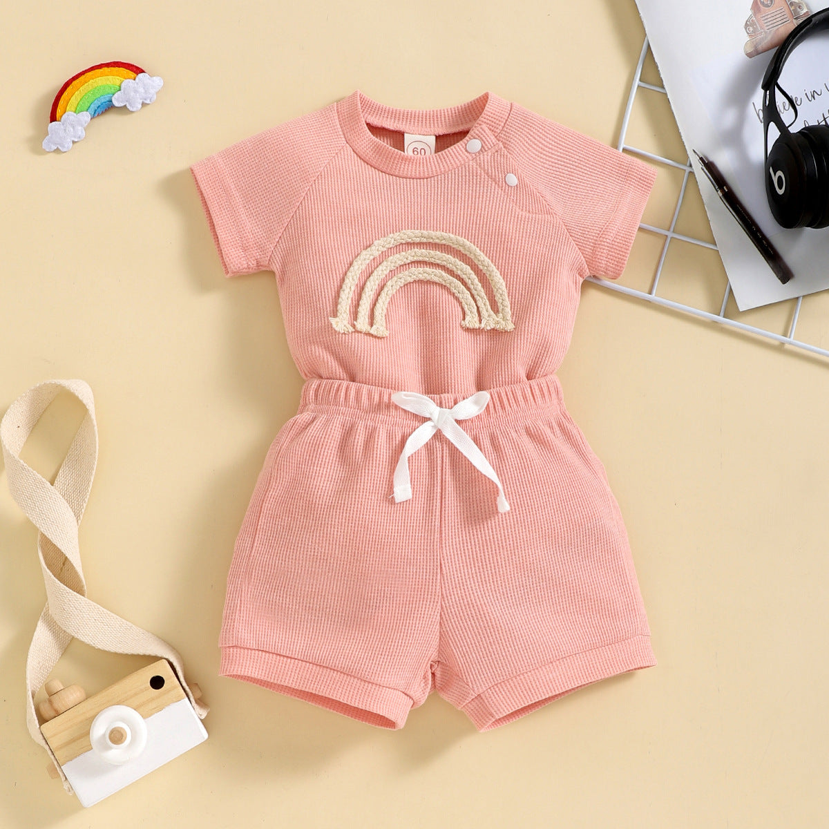 Rainbow Waffle Four-color Side Button Short Sleeve Baby Bodysuit Shorts Suit