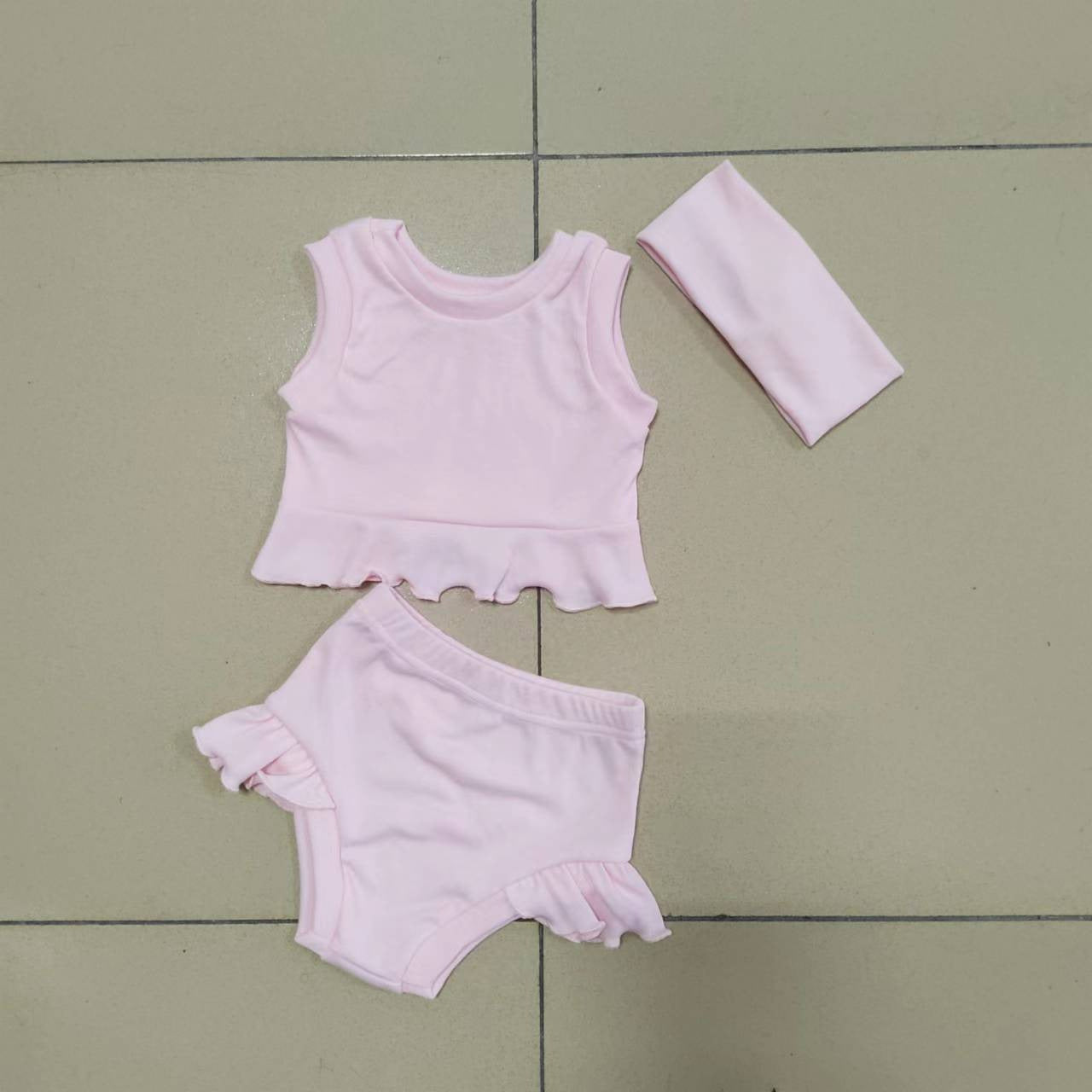 Infant Simple Summer Top And Bottom Headscarf Three-piece Set