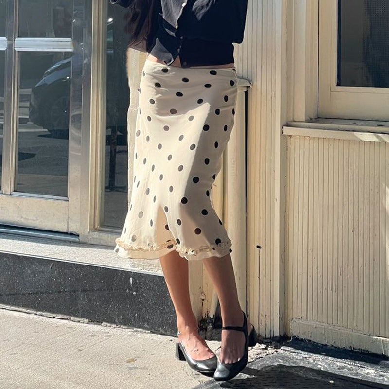 Women's French-style Color Matching Polka Dot Side Zipper Pleated Hip Skirt
