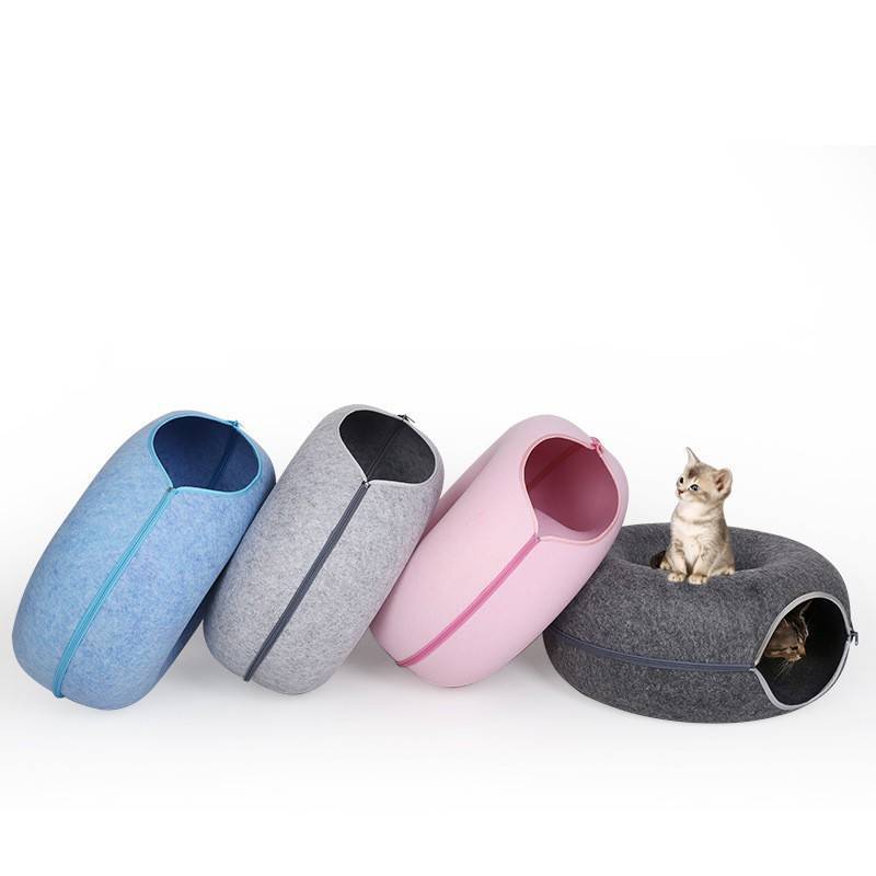 Donut Cat Tunnel Bed Pets House Natural Felt Pet Cat Cave Interactive Toys Round Wool Felt Pet Bed Cat Training Toy Cat House