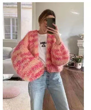 Women's Striped Long Sleeve Rainbow Plaid Cardigan Sweater