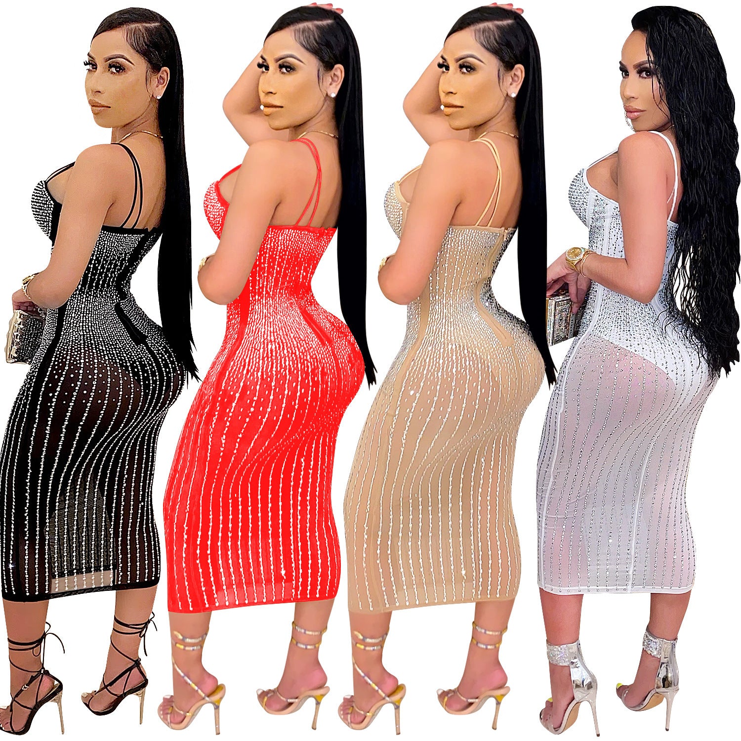 Women's Yarn See-through Rhinestone Strap Dress