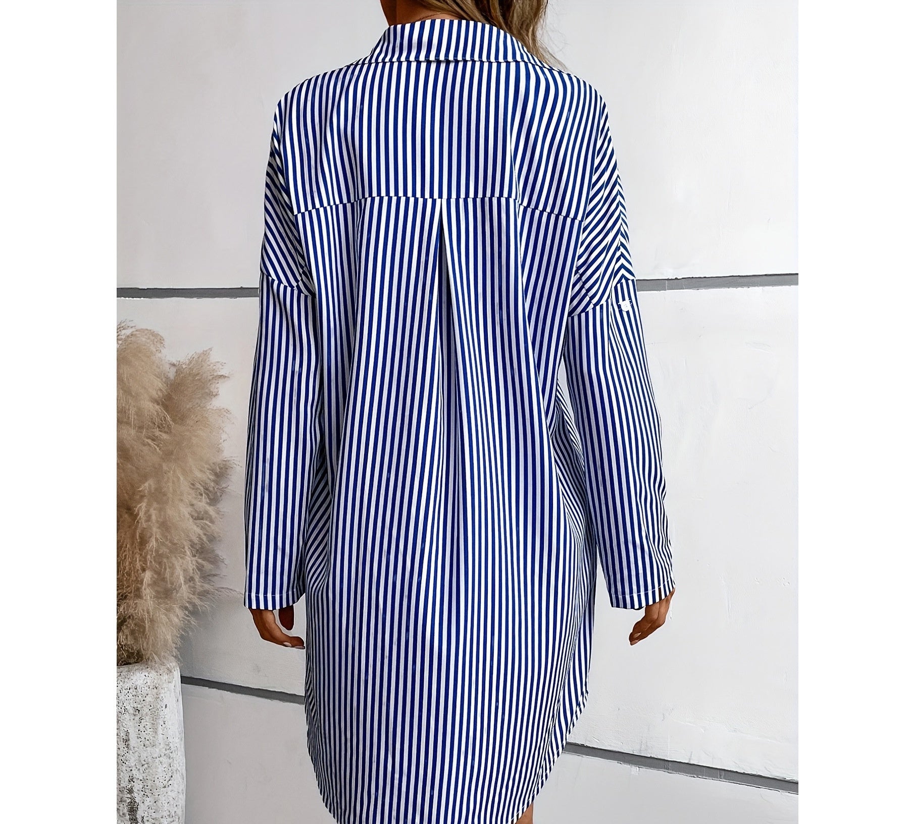 Striped Pockets Loose Commuter Shirt Dress