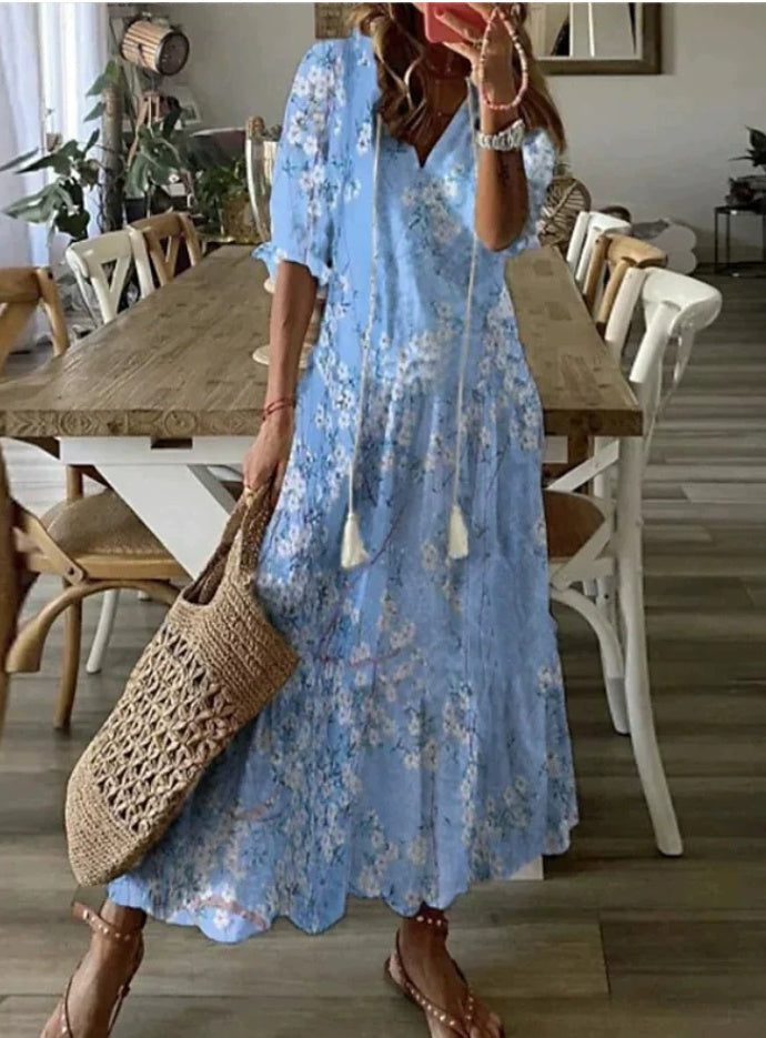 Women's Loose V-neck Bohemian Style Print Dress Mid Waist Long-sleeved Dress