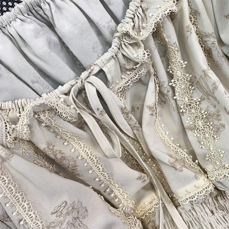 Printed Waist Lace One Word Collar Top Temperament