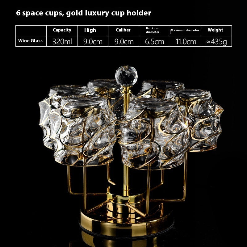 Luxury Gold Whiskey Shot Glass Wine Bottle Stainless Steel Rotating Cup Holder Gift Set Crystal Glass Wine Glass