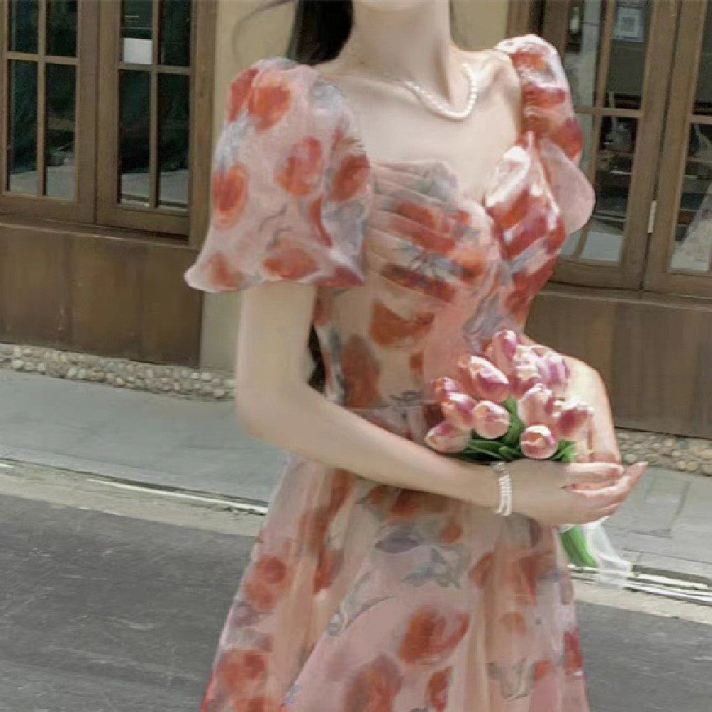 Square-neck Cinched Slimming Floral Dress