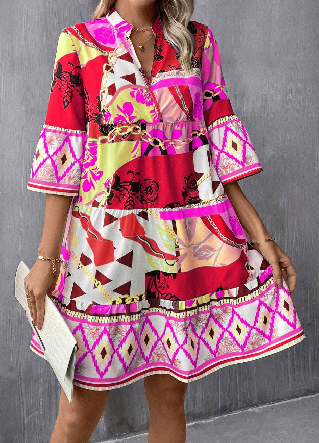 Pleated Sleeve Printed Flared Sleeve Ruffled Hem Dress