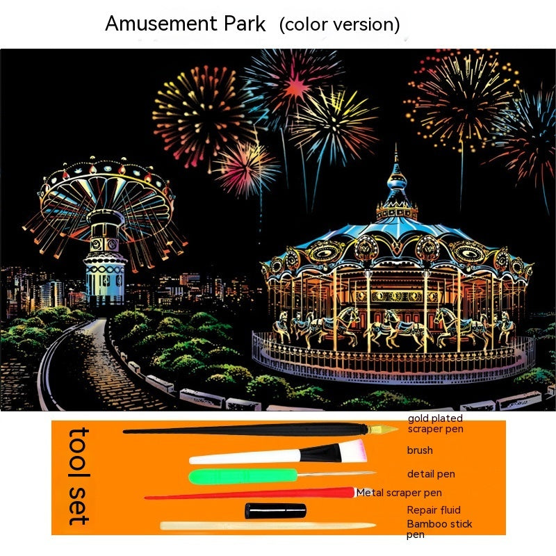 Colourful City Night Scene Hand Scratch Painting