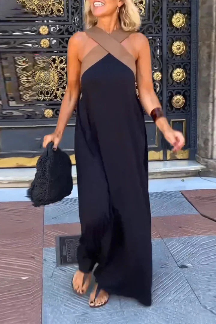 Fashion Pure Color Halter Spaghetti Straps Sleeveless Cotton And Linen Dress Women