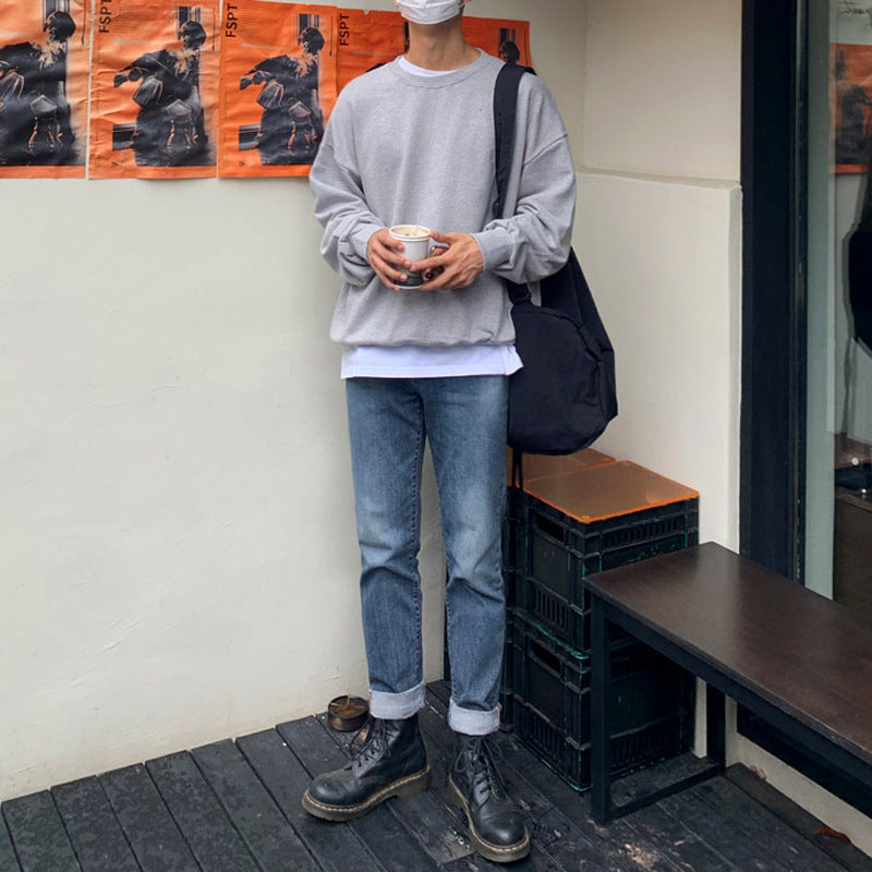 Loose Pullover Crewneck Hoodie Men's Autumn Vintage Washed Long-sleeved Leggings Coat