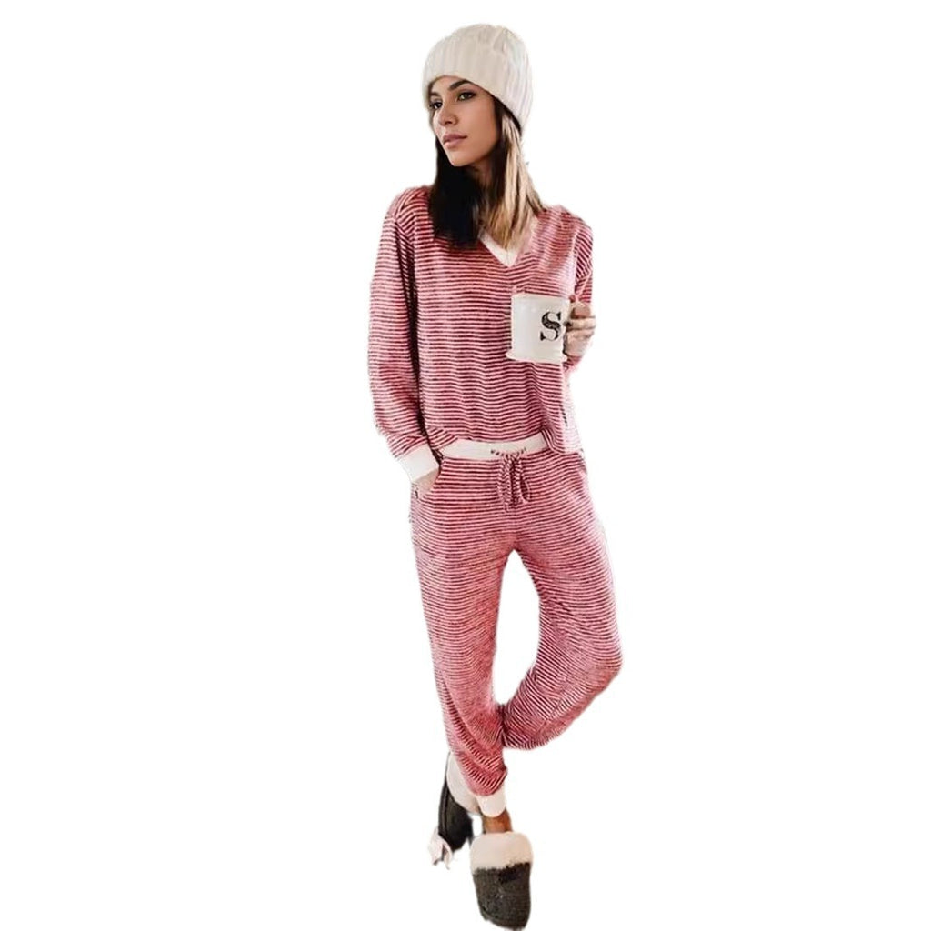 Striped Color Contrast Patchwork V-neck Long Sleeve Trousers Suit