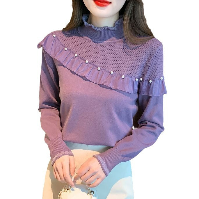 Women's Ruffled Stitching Half-high Collar Long Sleeves Knitwear
