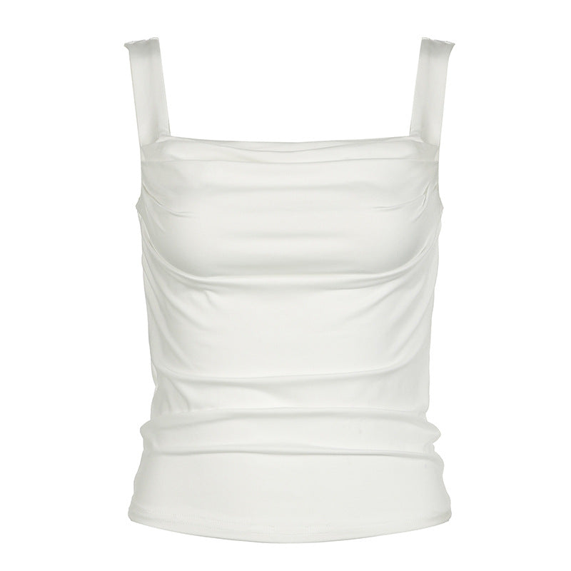 Solid Color Low Square Collar Pleated Slim Strap Women Outerwear Top