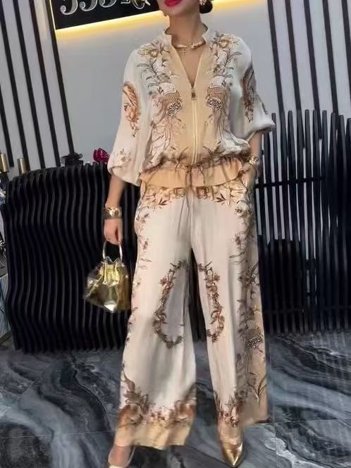 Three-dimensional Printed Flowers Baseball Uniform Drawstring Trousers Two-piece Set