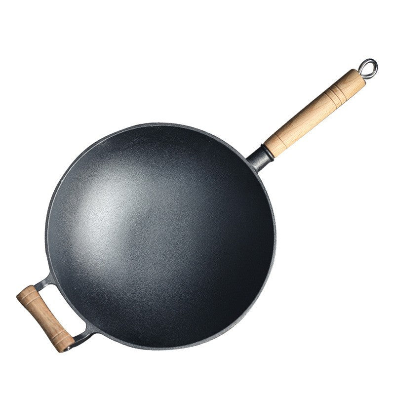 32cm Thick Round Bottom Wooden Handle Non-coated Non-stick Pan