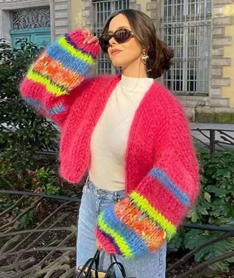 Women's Striped Long Sleeve Rainbow Plaid Cardigan Sweater