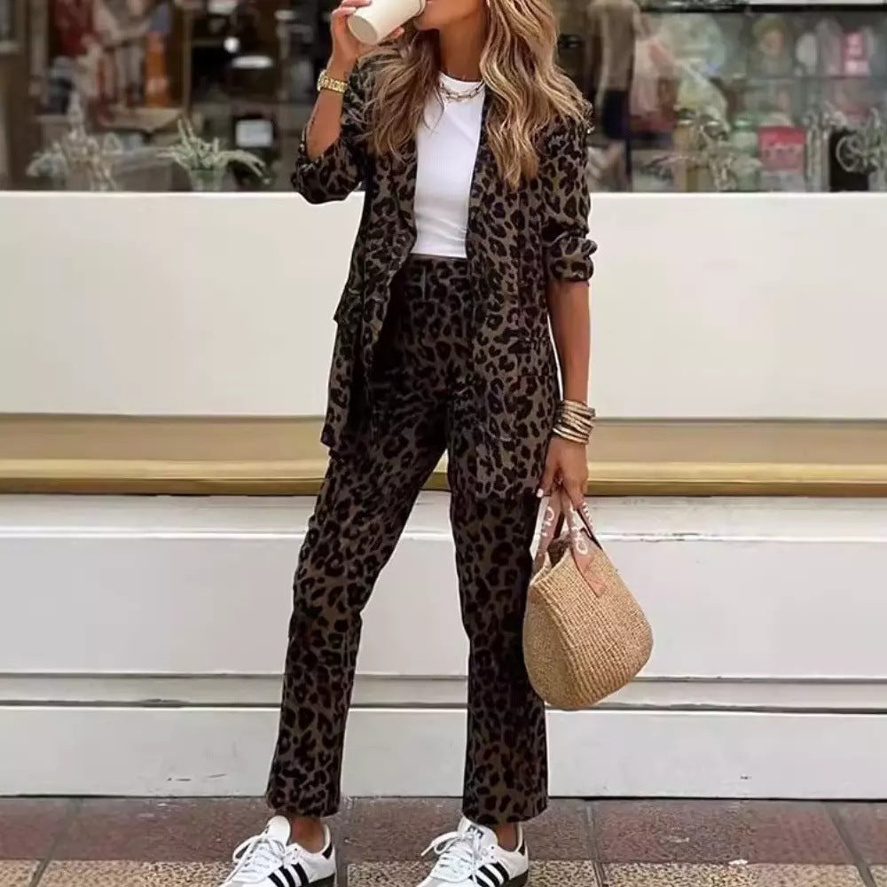 Women's Digital Printing Suit Long-sleeved Cardigan Trousers Suit