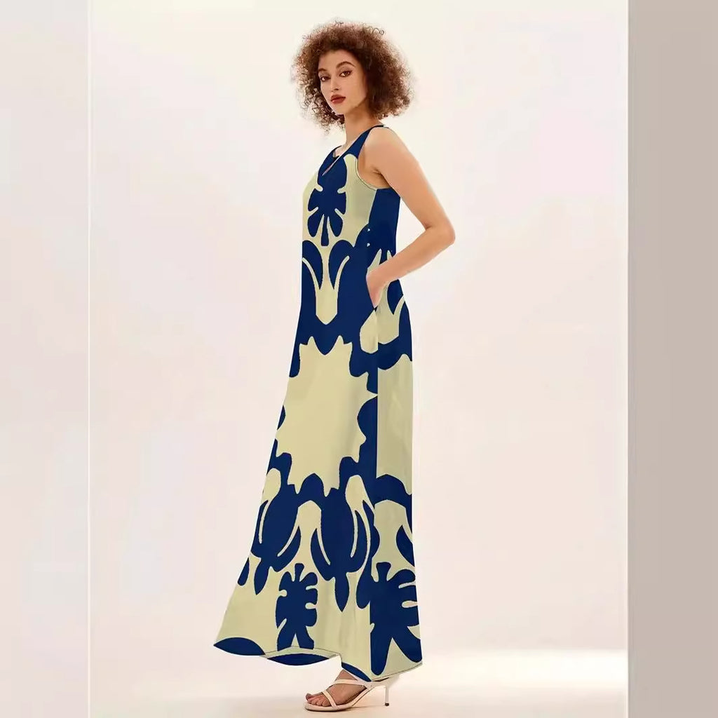 French Style Temperament Printed V-neck Printed Long Dress