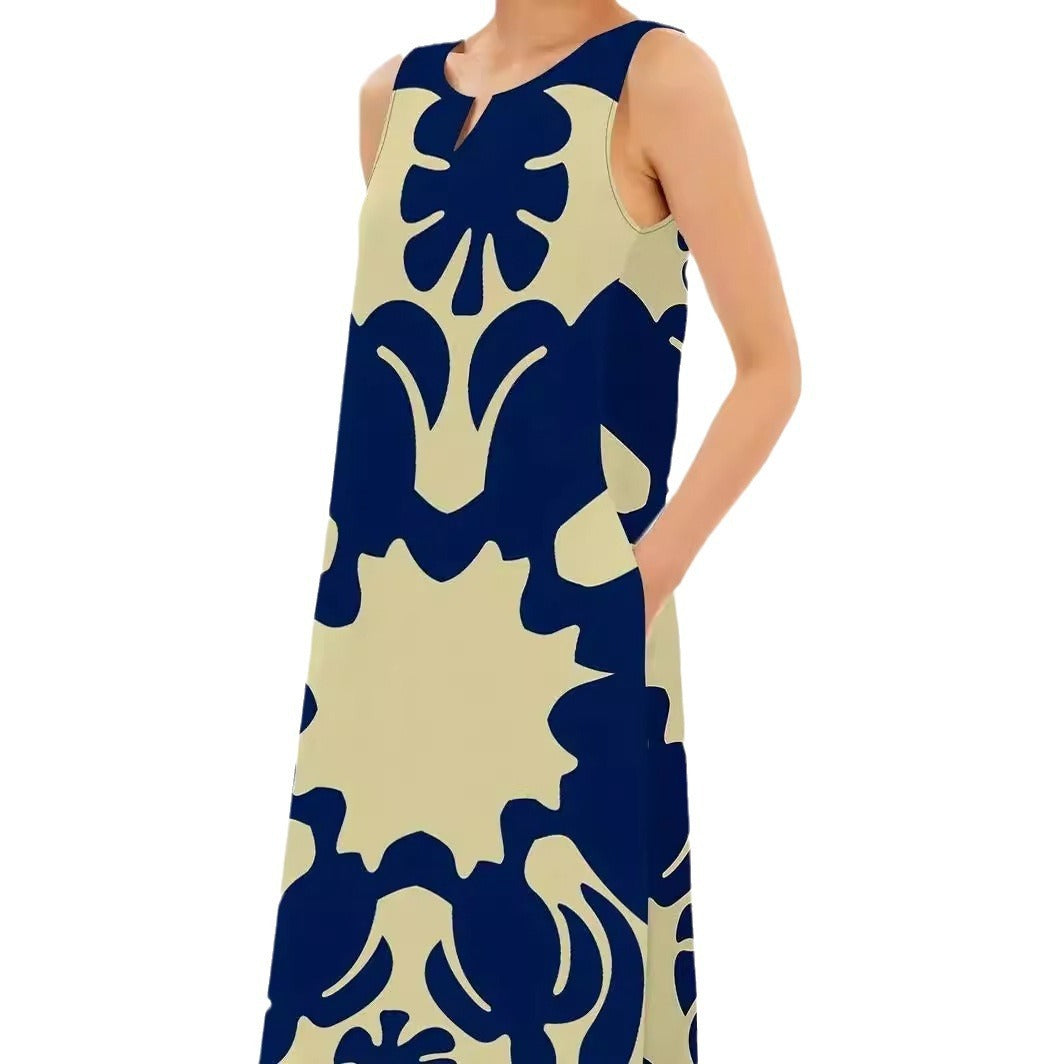 French Style Temperament Printed V-neck Printed Long Dress