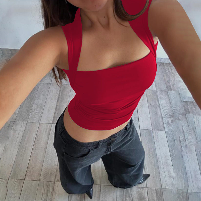 Square Collar Sleeveless Vest Pleated Tight Top T-shirt